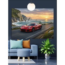 Sahil Yolunda Kırmızı Araba Dekoratif Kanvas - Mdf Ahşap Tablo