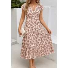 Kadın Kısa Kollu Kruvaze Yaka Beli Lastikli Çiçek Desenli Elbise