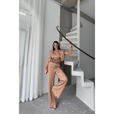 Jakarlı Bluzu Tasarım Detaylı Ceket-Pantolon-Bluz 3 Lü Takım - Bej