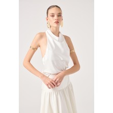 Degaje Yaka Saten Dalia Bluz Beyaz