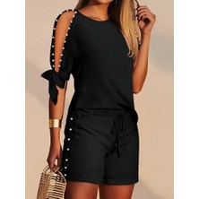 Kadın Kısa Kollu Bisiklet Yaka Yarı Açık Omuz Inci Detaylı Short T-Shirt Viskon Ikili Takım
