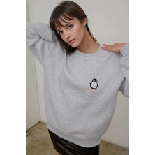 Hiccup Kadınlar Rahat Hayvan Nakışlı Şardonlu Bisiklet Yaka Hoodie Gri