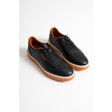 Navro Erkek Siyah Hakiki Deri Casual Sneaker Ayakkabı