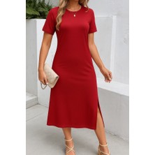 Kadın Kısa Kollu Bisiklet Yaka Yandan Yırtmaçlı Viskon Elbise