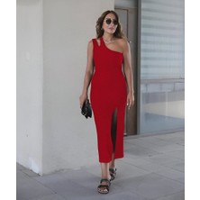 Kadın Kolsuz Tek Omuz Damla Detay Janjan Krep Elbise