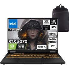 Asus Tuf F16 I7-14650HX 32-Gbddr5 2 Tbssd RTX5070 (8GB-115W-GDRR7) 16" Wqxga 165Hz Windows 11 Pro + Hmf Sırt Çantası FX608JPR-QT070HMF20