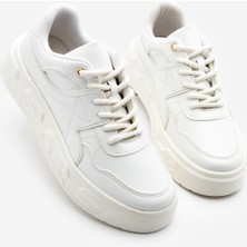 Marjin Kadın Sneaker Dikiş Detaylı Kalın Desenli Taban Spor Ayakkabı Petro Beyaz