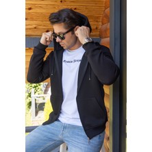 Kapüşonlu Boydan Fermuarlı  3 Iplik Şardonlu Pamuklu Sweatshirt