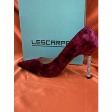 Lescarpe LES028 Bordo Kadife  Özel Tasarım Topukta Kristal Taş Detay Kadın Ayakkabı Stiletto