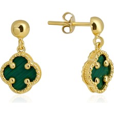 14K Altın Kaplamalı 925 Ayar Gümüş Granada Saray Yoncası Küpe - Yeşil 121119001