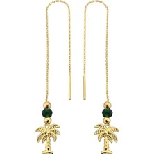 925 Ayar Gümüş Altın Kaplamalı Palmiye Figürlü Zincir Küpe - 12110501