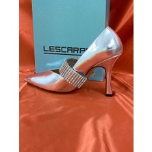 Lescarpe LES045 Gümüş Kadın Taşlı Kemer Tokalı Abiye Topuklu Ayakkabı Stiletto