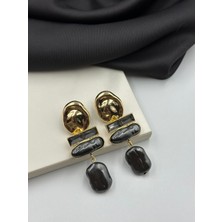 Siyah ve Gold Detaylı Taşlı Incili Sallantılı Küpe