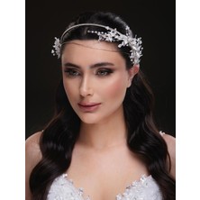 Ekru Çiçekli Kristal Taşlı Gelin Tacı Zarif Saç Aksesuarı