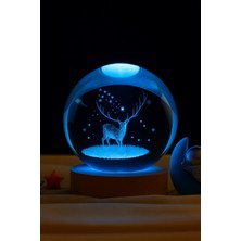 3D Kristal Küre Geyik Figürlü LED Işıklı Gece Lambası Usb'li Ahşap Standlı Dekoratif Rgb LED