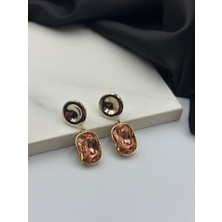 Gold Altın Detaylı Somon Rengi Zirkon Taşlı Sallantılı Çelik Küpe