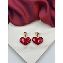 Kırmızı Kalpli Sallantılı Marka Model Tasarım Küpe