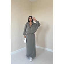 Haki Biyeli Sweatshirt ve Etek Takım