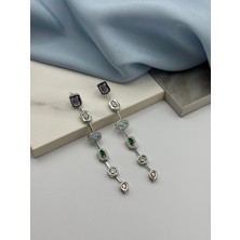 Gümüş Rengarenk Zirkon Taşlı Melis Göral Tasarım Y Kolye Şık Sallantılı Çelik Küpe