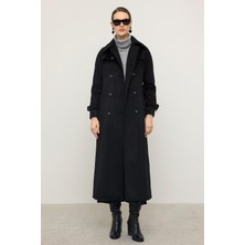 Reglan Kol Pelerin Detaylı Uzun Moher Kaban Siyah 3144