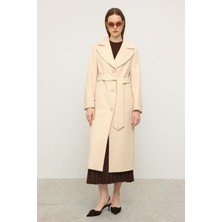 Balıksırtı Jakar Desenli Belden Bağlamalı Limited Edition Kaban Krem 3136