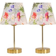 Star Gold Ayaklı Abajur Çiçek Desenli Kumaş Başlık Yatak Odası Salon Masa Lambası 2 Adet