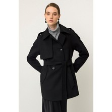 Reglan Kol Apolet ve Pelerin Detaylı Kaşmir Kaban Siyah 3131