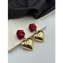 Bordo Gül Tasarım Altın Gold Kalpli Sanllatınlı Marka Model Şık Küpe