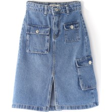 Midi Boy Kargo Cep Beli Lastik Ayarlı Kız Çocuk Kot Etek Midi Kız Denim Etek 001-0002072
