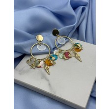 Gold Altın Karışık Renkli Charmlı Yazlık Halka Küpe