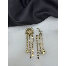 Gold Güneş ve Incili Ay Vintage Tasarım Marka Model Altın Gold Detaylı Sallantılı Küpe