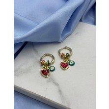 Gold Renkli Kalp ve Nazar Boncuğu Figürlü Halka Küpe