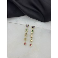 Gold Altın 5 Li Renkli Taşlı Tasarım Melis Göral Y Küpe Çakra Marka Model Sallantılı Çelik Küpe