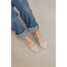 Bej Süet Rengi Babet Zımbalı Çift Tokalı Kadın Babet | Günlük Rahat Düz Taban Mary Jane Ayakkabı