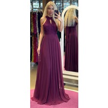 Vişne Renk Sırt Dekolteli  Kloş Etekli Tül Uzun Abiye Elbise 6034