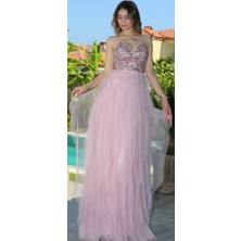 Pudra İp Askılı  Sırt Dekolteli  Kloş Etekli  Uzun Abiye Elbise 7527