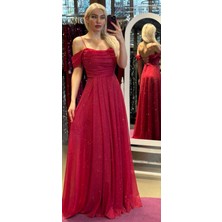 Kırmızı Ip Askılı  Sırt Dekolteli  Kloş Etekli Simli Kumaş Uzun Abiye Elbise 7365