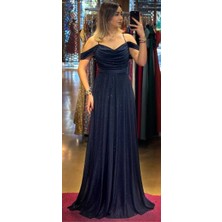 Lacivert  Ip Askılı  Sırt Dekolteli  Kloş Etekli Simli Kumaş Uzun Abiye Elbise 7365