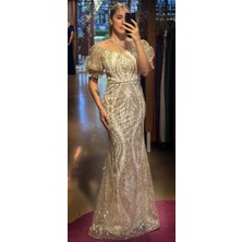 Beyaz  Balon Kollu Dantel Detaylı  Düz Kesim Simli Uzun Abiye Elbise 7278