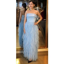 Mavi Straplez Yaka Kloş Etekli Tül Uzun Abiye Elbise 11040