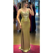 Olive  Ip Askılı Yırtmaçlı Düz Kesim Likralı Uzun Abiye Elbise 7429