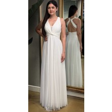 Beyaz Kalın Askı  Sırt Dekolteli  Kloş Etekli Şiifon Tül Uzun Abiye Elbise 7645