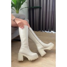 Kadın Krem Cilt 8 cm Topuklu Yandan Fermuarlı Çizme