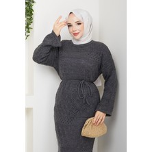 Kadın Içlikli Iç Göstermez Ikili Takım Baklava Desenli Fileli Triko Elbise -PMK454