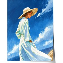 Çerçevesiz Poster, Beyaz Elbiseli Kadın Deniz Kenarı Tablosu, Salon Dekoru Poster No: 113828