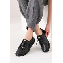 Rennes Hakiki Deri Siyah Kadın Deri Babet