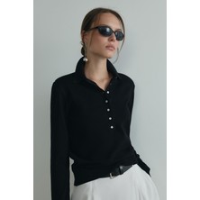 Suud Collection Carter Siyah Polo Yaka Kadın Triko Kazak Uzun Kol Günlük Stil Düz Desen