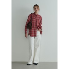 Suud Collection Kırmızı Slone Ekose Gömlek Uzun Kollu Günlük Stil Pamuk Kumaş Desenli Oversize Fit