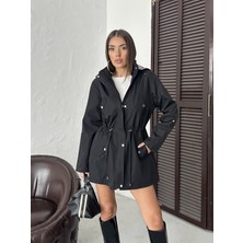 Kadın Suya Dayanıklı Trençkot Kapüşonlu Ekoseli Bonded Kumaş Trençkot