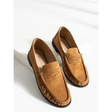 Dicle Polat Kadın Loafer Ayakkabı Taba Süet Düz Tabanlı El Yapımı Şıklık